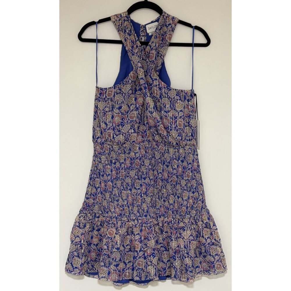 Saylor Ansal Dahlia Floral Women’s Smocked Cross Front Mini Dress Size Large NWT